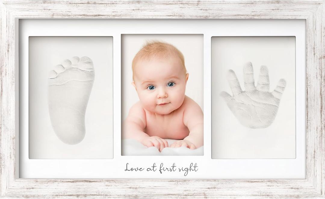 Baby Hand and Footprint Kit - Clay Handprint Keepsake Frame, Newborn Nursery Picture Frame, Personalized New Mom Gifts for Baby Shower & Registry (Vintage White) (Duo Frame, 13" x 7.9")