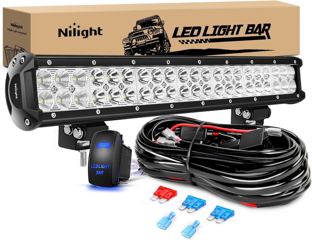 Nilight LED Light Bar 20 Inch 126W Spot Flood Combo Led Off Road Lights 12V 5Pin Rocker Switch LED Light Bar Wiring Harness Kit, Model: ZH082, Clear