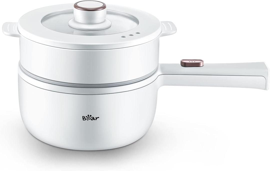 Bear Hot Pot Electric with Steamer, 1.6L Rapid Noodles Cooker, Mini Pot, Non-Stick Frying Pan for Steak, Ramen, Egg, Oatmeal, Soup with Power Adjustable (1.7 Quarts)