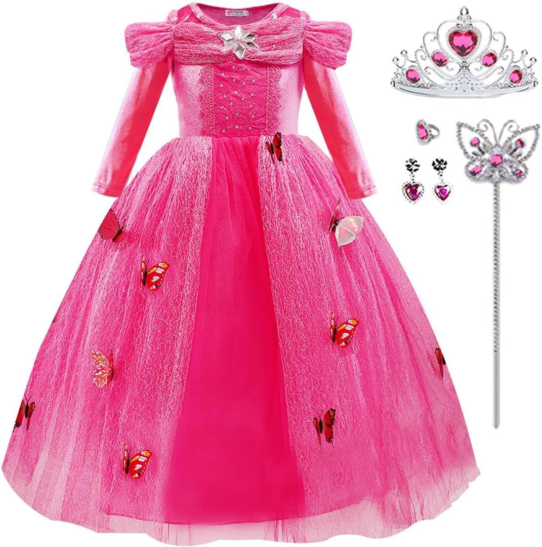 Girls Princess Fancy Dress Up Children Long Sleeve Halloween Party Costume (4-5 Years, Pink)
