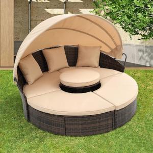 HomSof 5 Piece Rattan Round Lounge with Canopy Bali Canopy Bed Outdoor, Wicker Outdoor Sofa Bed with Lift Coffee TableBeige