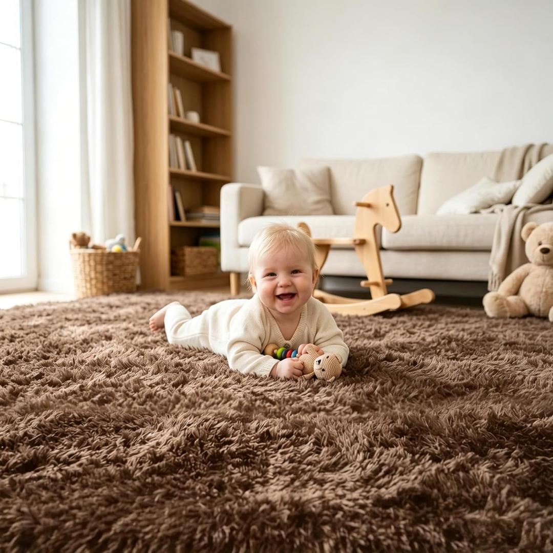 8x10 Area Rugs for Living Room, Large Fluffy Soft Shag Rug, Non-Slip Thick Fuzzy Plush Rug, Non-Shedding High Pile Furry Floor Indoor Carpet for Kids Room Nursery Dorm Home Decor(Brown)