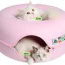 Cattasaurus Peekaboo Cat Cave Donut for Multiple & Large Cats up to 30-45 lbs, 3-in-1 Self Warming Cat Bed, Tunnel & Scratcher for Indoor Cats, Washable & Detachable Small Dog Bed (Pink, Large)