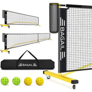 BAGAIL Portable Pickleball Net Set, 22 FT Regulation Size Pickle Ball Net with Ball Collector, 4 Balls and Carry Bag, Easy Setup for Outdoor Indoor Driveway, 2-in-1 22ft + 11ft Net With Wheels