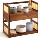 Yalikop Matcha Station Organizer 2 Tier Bamboo Mug Stand Shelf with Hidden Drawer Home Coffee Station Organizer for Whisk Set Bowl Cup Kitchen Countertops Bars 15.75" x 7.87" x 15.35"(Brown)
