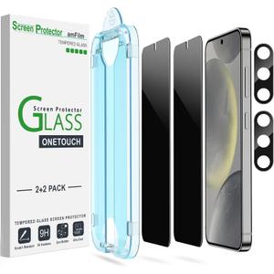 amFilm Auto-Alignment OneTouch for Samsung Galaxy S24 6.2'' Privacy Screen Protector + Camera Lens Protector, Tempered Glass, 30 Seconds Installation, Bubble Free, Privacy Protection 2+2 Pack
