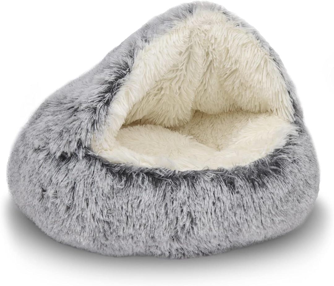 ShinHye Cat Bed Round Plush Fluffy Hooded Cat Bed Cave, Cozy for Indoor Cats or Small Dog beds, Soothing Pet Beds Doughnut Calm Antinxiety Dog Bed  Waterproof Bottom Washable (20×20inch, Grey)
