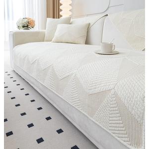 Vctops Farmhouse Solid Color Embroidery Sofa Couch Cover Cotton Quilted Sectional Couch Covers Washable Non Slip Sofa Slipcover for Dogs, Children, Pets Furniture Protector (Cream,36"x94")