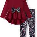 PATPAT Toddler Kids Girls 2Pcs Clothes Set Bowknot Design Ruffle Hem Long Sleeve Top and Floral Print Pant Outfits (2T, Wine Red)