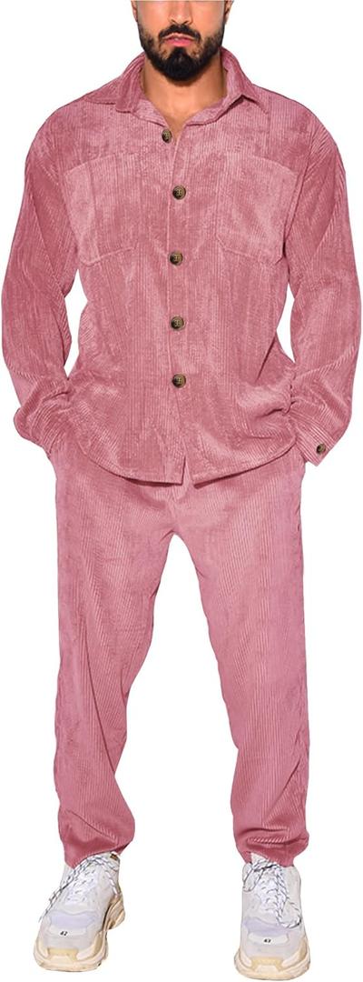 Men's 2 Piece Outfits Corduroy Casual Long Sleeve Shirt Pant Sets Fall Fashion Tracksuits (Medium)