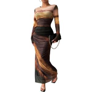 LIGHT DOT Women's Printed Bodycon Maxi Dress Long Sleeve Tie Dye Mesh Layered Dress (Brown, XL)