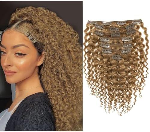 Caliee Spiral Curly Clip in Hair Extensions Real Remy Human Hair Jerry Curly Clip in Extensions 18 Inch Color 27 Strawberry Blonde Curly Clip in Human Hair Extensions Thick End Clip ins 120G
