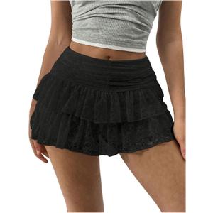 SHENHE Women's Y2k Lace Layered Mini Skirt Ruched A Line Cute Tiered Ruffle Skirt