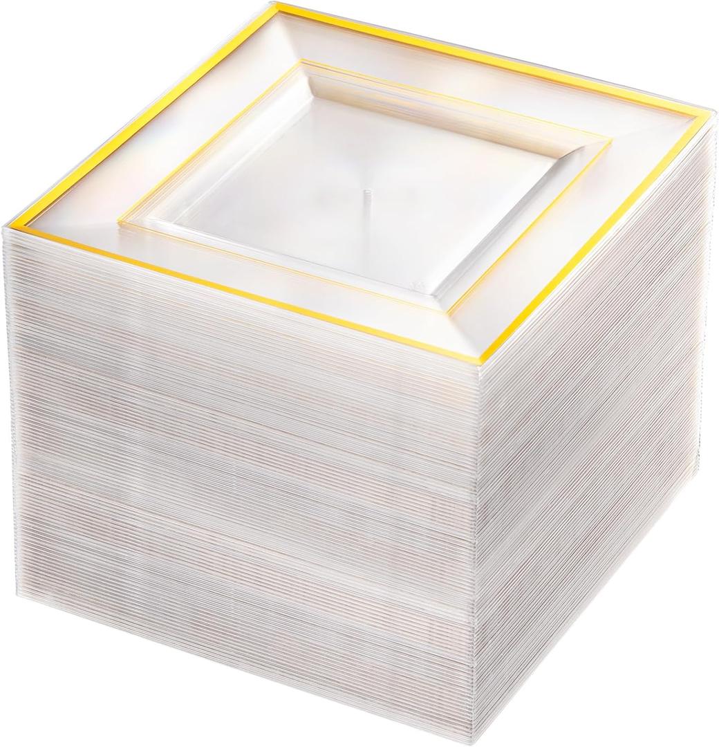 bUCLA 100PCS Clear Gold Plastic Square Plates - 6 Inch Clear Disposable Dessert/Cake Plates with Gold Trim - Ideal for Weddings,Birthday&Party
