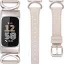 Minyee Leather Bands Compatible with Fitbit Charge 6/Fitbit Charge 5 Band Women, Slim Thin Dressy Premium Leather Strap with C-Shape Metal Buckle for Charge 6/5 Watch Accessories (Starlight/Starlight)