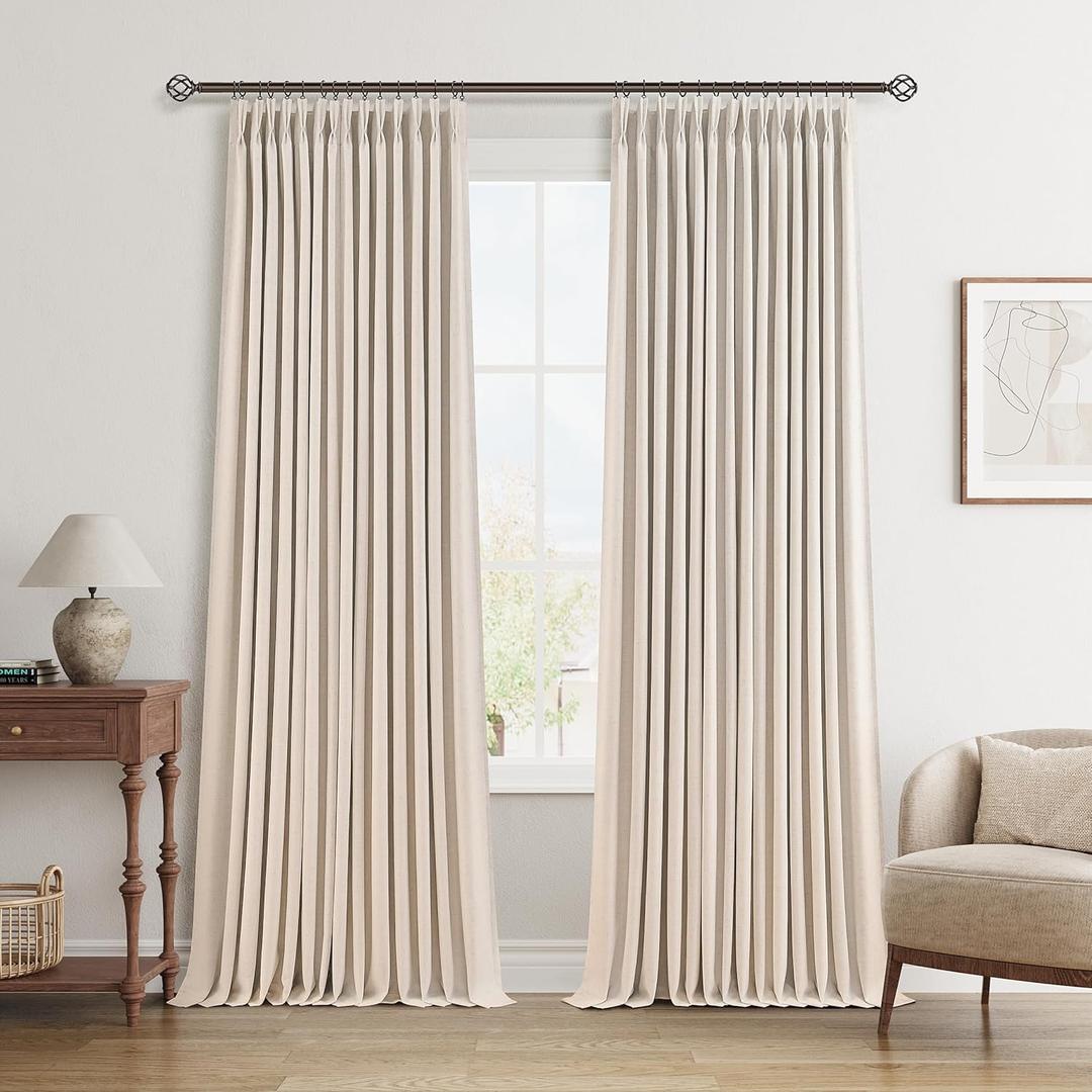 Beige Linen 100% Blackout Pinch Pleated Curtains 108 Inches Long 2 Panels for Bedroom Boho Farmhouse Pinch Pleat Double Layer Black Out Living Room Noise Reduce Window Drapes High Ceiling Length 9Ft