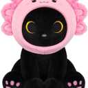 Axolotl Plush Toy, 8inch Kawaii Black Cat Wear Strawberry Plush Removable Hood, Cute Plushies Soft Stuffed Animal Doll, Valentine's Day Birthday Gift for Kids Boys Girls Adults (Pink)