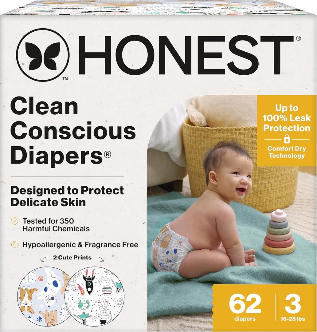 The Honest Company Comfort Dry Disposable Diapers for Sensitive Skin, Hypoallergenic, Fragrance-Free, Space Travel + It's a Pawty, Club Box, Size 3 (16-28 lbs), 62 Count