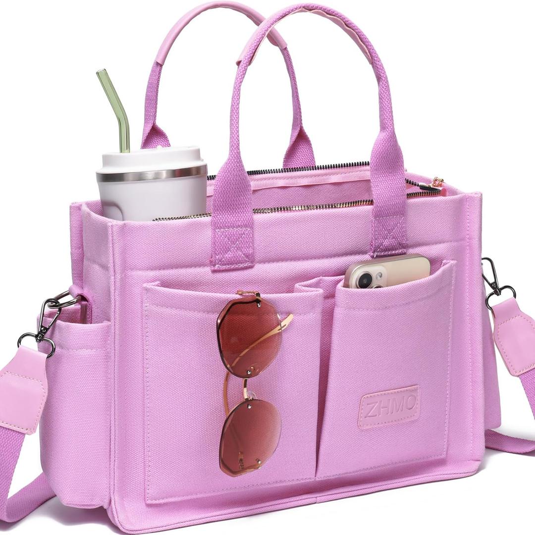 ZHMO Canvas Tote Bag for Women,Women's Bags Crossbody Bags Work Laptop Tote Bag Large Handbags Purse for Travel Nurse Teacher (New Upgrade Plus Pink With Compartments and Inner Cup Holders)