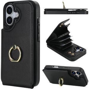 Folosu Compatible with iPhone 17 Case Wallet with Card Holder, 360Rotation Finger Ring Holder Kickstand, RFID Blocking Leather Protective Double Buttons Shockproof Cover 6.3 Inch Black