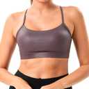 YUNOGA Women's Y Back Matte Faux Leather Sports Bras Padded Racerback Spaghetti Thin Strap Support Workout Yoga Bra (Large, Brown)