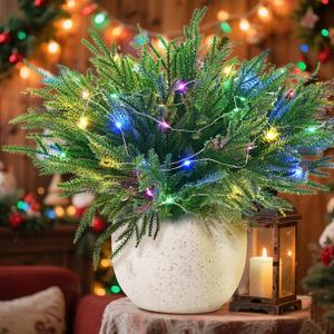 Norfolk Pine Stems, 16 Pcs Real Touch Pine Branches with Lights Christmas Decorations Artificial Greenery Stems for Christmas Table Decor Mantel DIY Garland Home Decorations