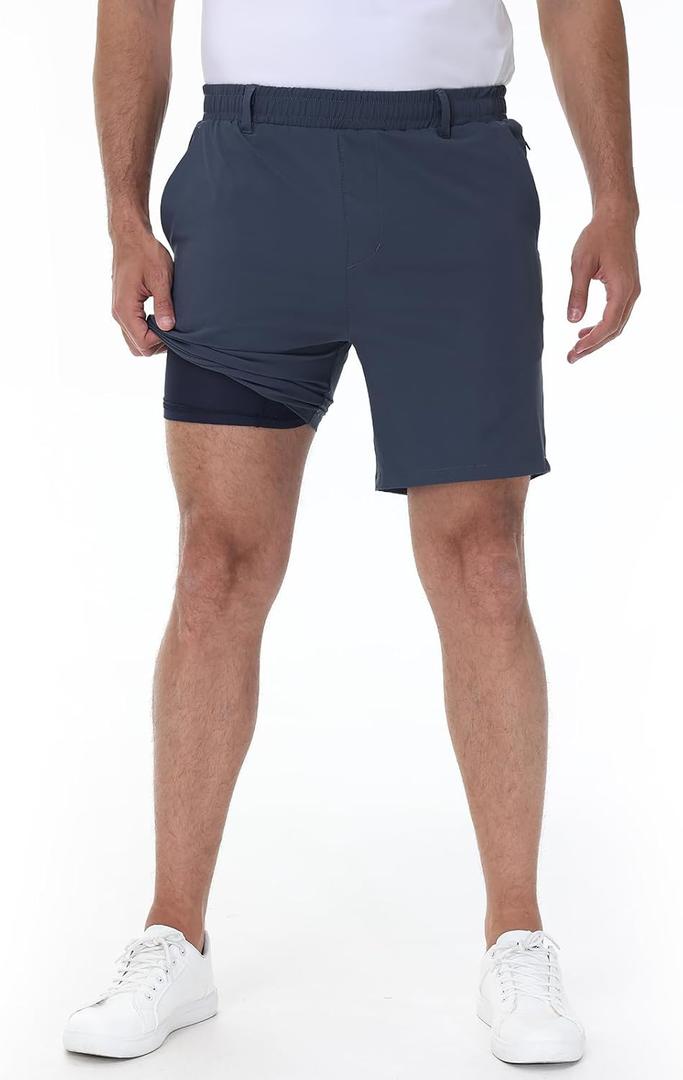 Mens Casual Khaki Golf Shorts 7 Inch Inseam Regular Fit Built-in Liner Stretch Elastic Waistband Zipper Pockets No Pill (Gray)