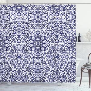 Ambesonne Indigo Shower Curtain, Mandala Pattern of Blooming with Trippy Flowery Hearts on Plain Backdrop Print, Cloth Fabric Bathroom Decor Set with Hooks, 69" W x 70" L, Indigo and White
