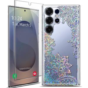 Coolwee Clear Glitter for Samsung Galaxy S25 Ultra Case, Slim Shockproof Thin Flower Cute Crystal Lace Bling Women Hard Back Soft TPU Bumper Protective Cover for Samsung S25 Ultra Mandala Henna