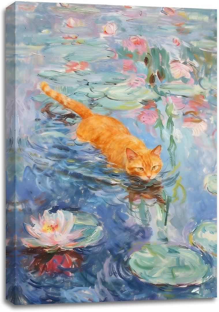 SIXWOOD Monet Water Lilies Whimsical Orange Cat Canvas Wall Art, Bathroom | 16x24 in, Water Lily Pond Picture, Pet Framed Print for Kids Bedroom Living Room, Van Gogh Inspired Wall Decor, Ready to Hang