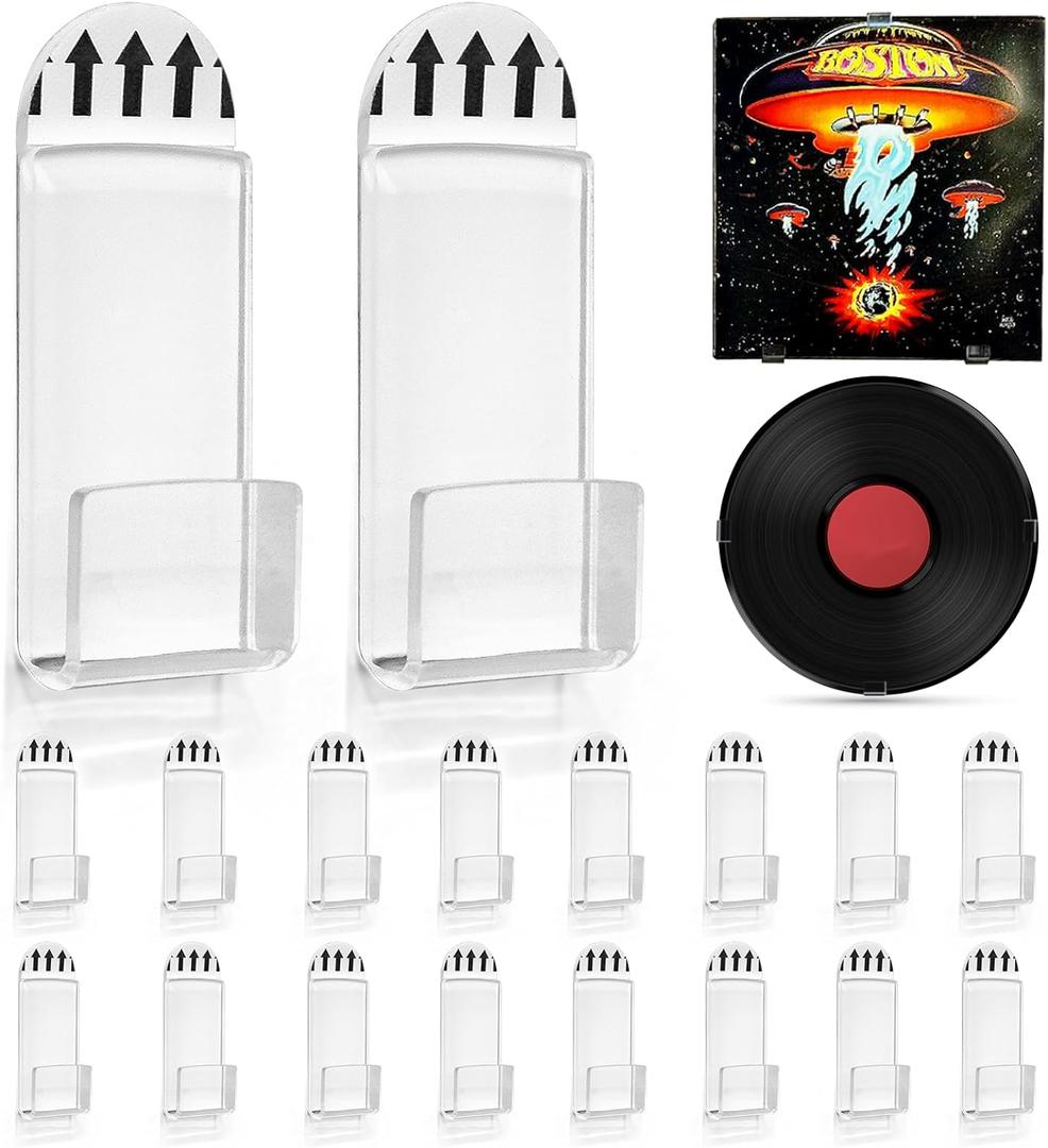Vodolo Vinyl Record Wall Mount,18 PCS Acrylic Vinyl Record Holder Self Adhesive Clear Vinyl Display Shelf No Drill Vinyl Storage Shelves for Album Covers Display and Home Wall Decoration