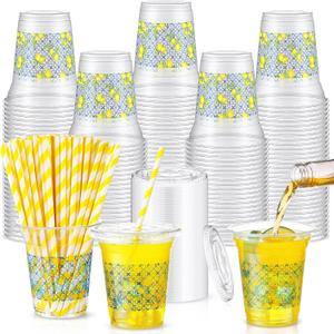 Umigy 100 Pack Plastic Disposable Cups with Lids and Straws 12 oz Disposable Cups for Juice Water Coffee Summer Party Sports Party Supplies (Capri Lemon)