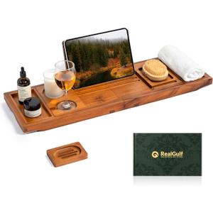 Teak Bathtub Tray, Bath Caddy with Wine Glass Holder, Phone Dock & Book Stand | Hands-Free Reading & Ultimate Spa Relaxation Experience-Natural