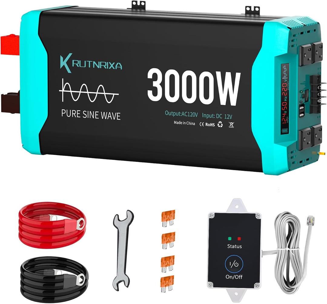 3000W Pure Sine Wave Inverter Peak 6000w 12V DC to 120V AC for RV, Truck, Off-Grid, Home, Solar Car Power Inverter with Dual AC Hardwire Port, 20A Socket, 5V 2.1A USB