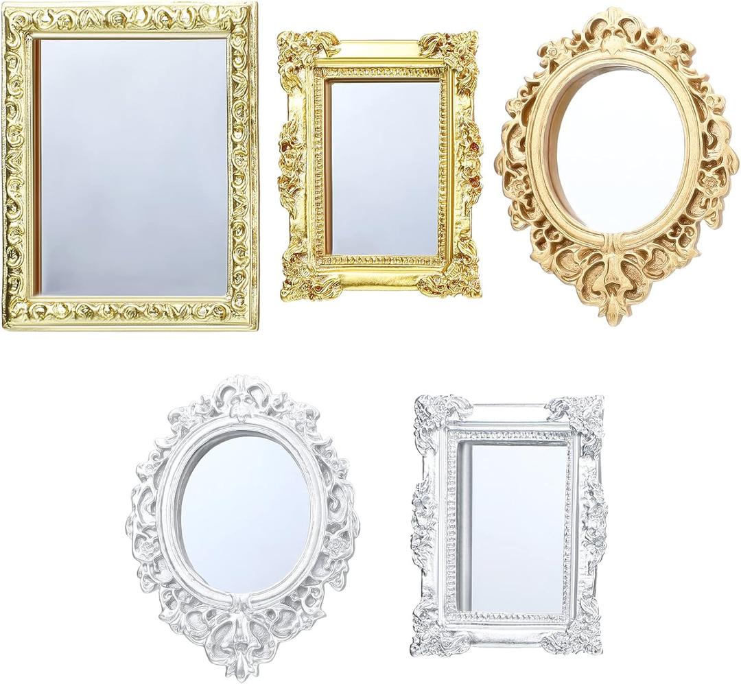 5 Pieces Miniature Dollhouse Mirror European Frame Mirror Dollhouse Victorian Baroque Wall Decor Miniature Bedroom Mini Furniture Accessory for 1/12 Dollhouse Decor, Gold and Silver