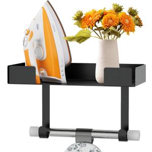 JUYSON Ironing Board Holder, Wall-Mounted Iron and Board Set Storage for Laundry Rooms (Black) (Black-with Shelf)