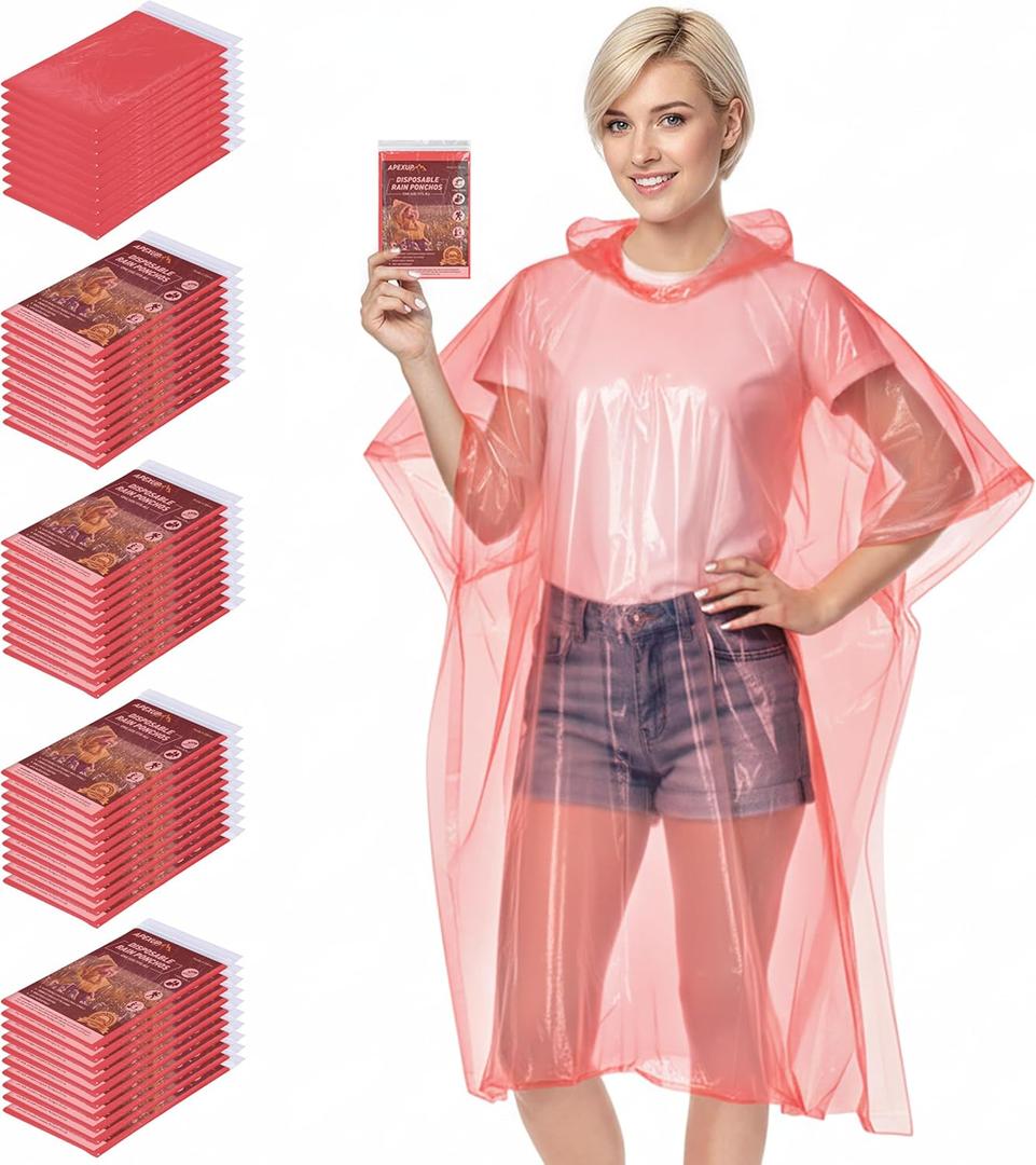 APEXUP Disposable Rain Ponchos for Adults, 5PK/10PK/50PK Emergency Rain Poncho for Camping Hiking Travelling (Red 50 Pack)