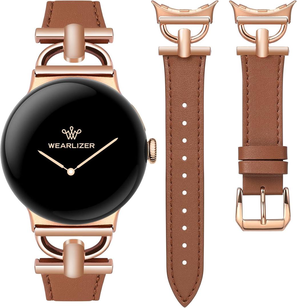 Wearlizer Leather Bands Compatible with Google Pixel Watch 4/3 41mm/Pixel Watch 2/1 Band Women, Dressy Designer Slim Leather Strap with D-Shape Metal Buckle for Pixel Smartwatch Accessories (Brown/Rose Gold)