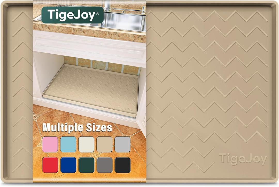 TigeJoy Waterproof Under Sink Mat 34" x 22", Shelf Liner Protector in Kitchen and Bathroom, Silicone Cabinet Liners for Organizers and Storage, Fit as Drawer Mats or Drip Tray (Beige)