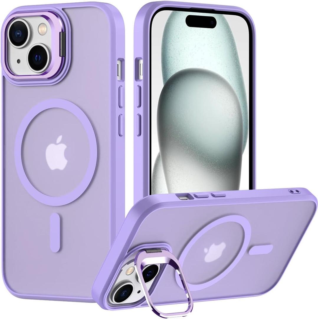 Nvollnoe for iPhone 15 Case Compatible with MagSafe Military Grade Shockproof Heavy Duty Protective Adjustable Kickstand Matte Semi Clear Phone Case for iPhone 15(Purple)