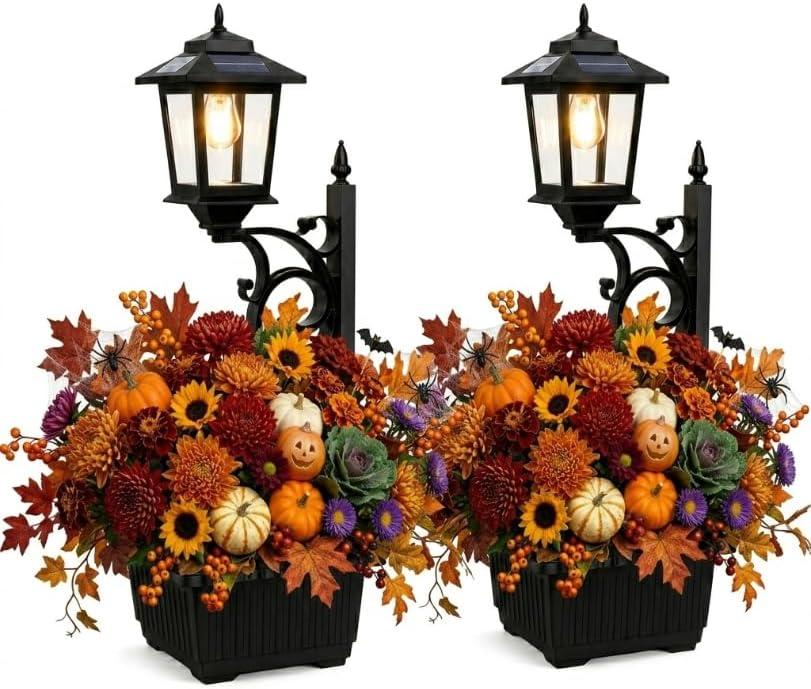 Solar Lamp Post Light with Planter – 2-in-1 Outdoor Solar Light & Flower Pot, Waterproof Glass, Wall Mount or Freestanding, 3000K Warm Auto-On for Patio Porch Backyard Pathway Front Door 2 Pack, Standard
