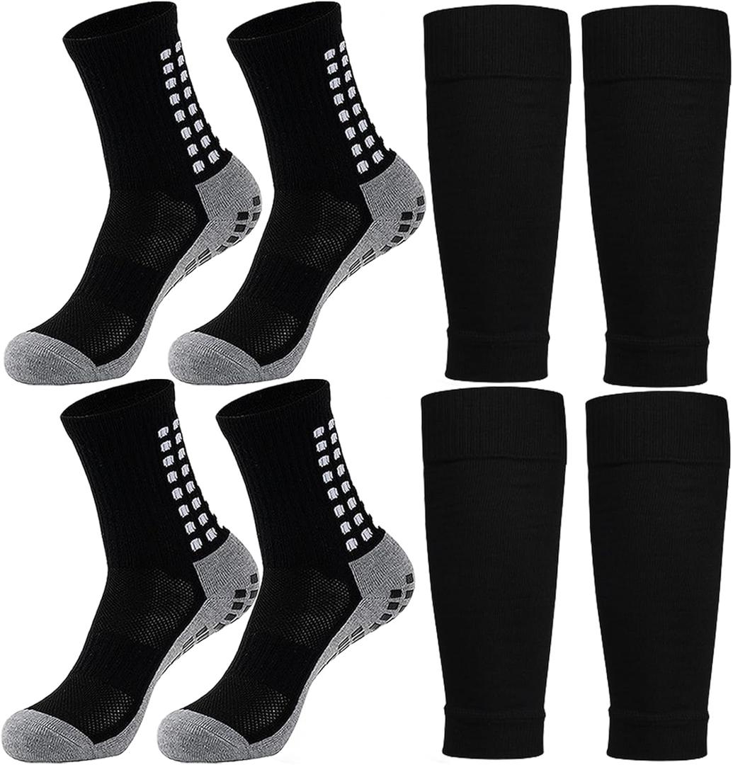 KMOLY 1 Set Kids Grip Soccer Socks and Shin Guard Sleeves for Age 7-14 Youth Boys Children Football Basketball Training (2 Set Black)