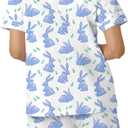 Women Easter Pajamas Set Cute Bunny Button Down Shirt and Shorts 2 Piece Pj Set Y2K Easter Outfits (Blue, M)
