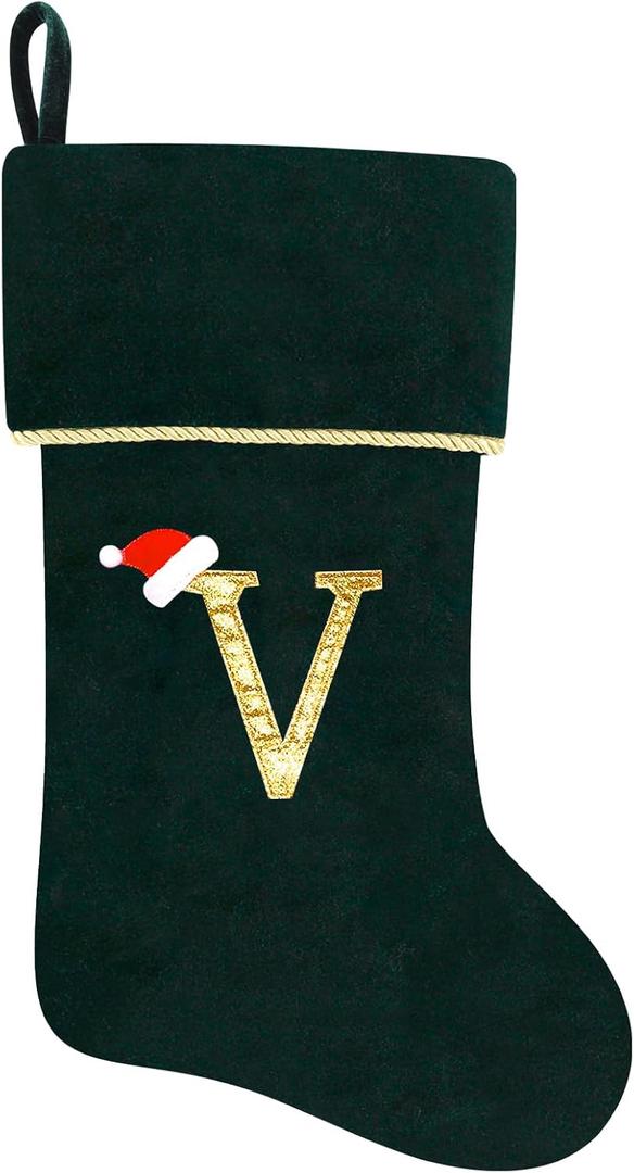 20 Inches Initial Monogram Green Christmas Stocking, Personalized Large Embroidered Letter Velvet Christmas Stocking with Gold Trim Decoration for Family Christmas Holiday Party Decor(Letter V)