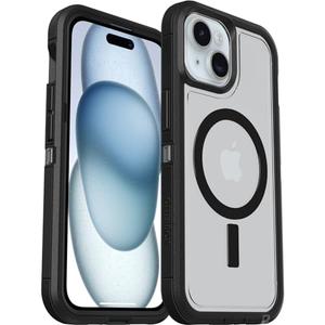 OtterBox iPhone 16e, 15, 14, & 13 Defender Series XT Clear Case - DARK SIDE (Black/Clear), screenless, rugged , snaps to MagSafe, lanyard attachment (ships in polybag)
