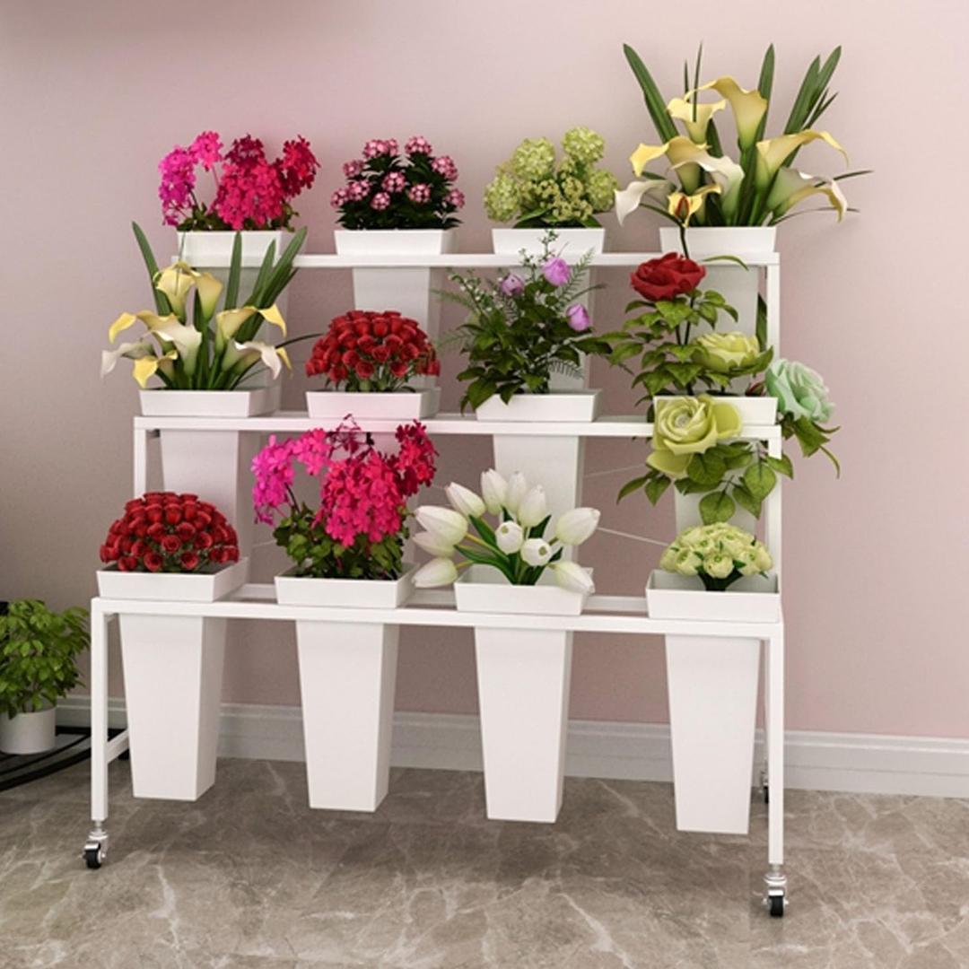 Flower Display Stand with Buckets,3-Tier Flower Stand,Heavy Duty flower stand display for Indoor Flower Bar,Flower Shop,Outdoor Flower Pop-Up Events flower holder (White)