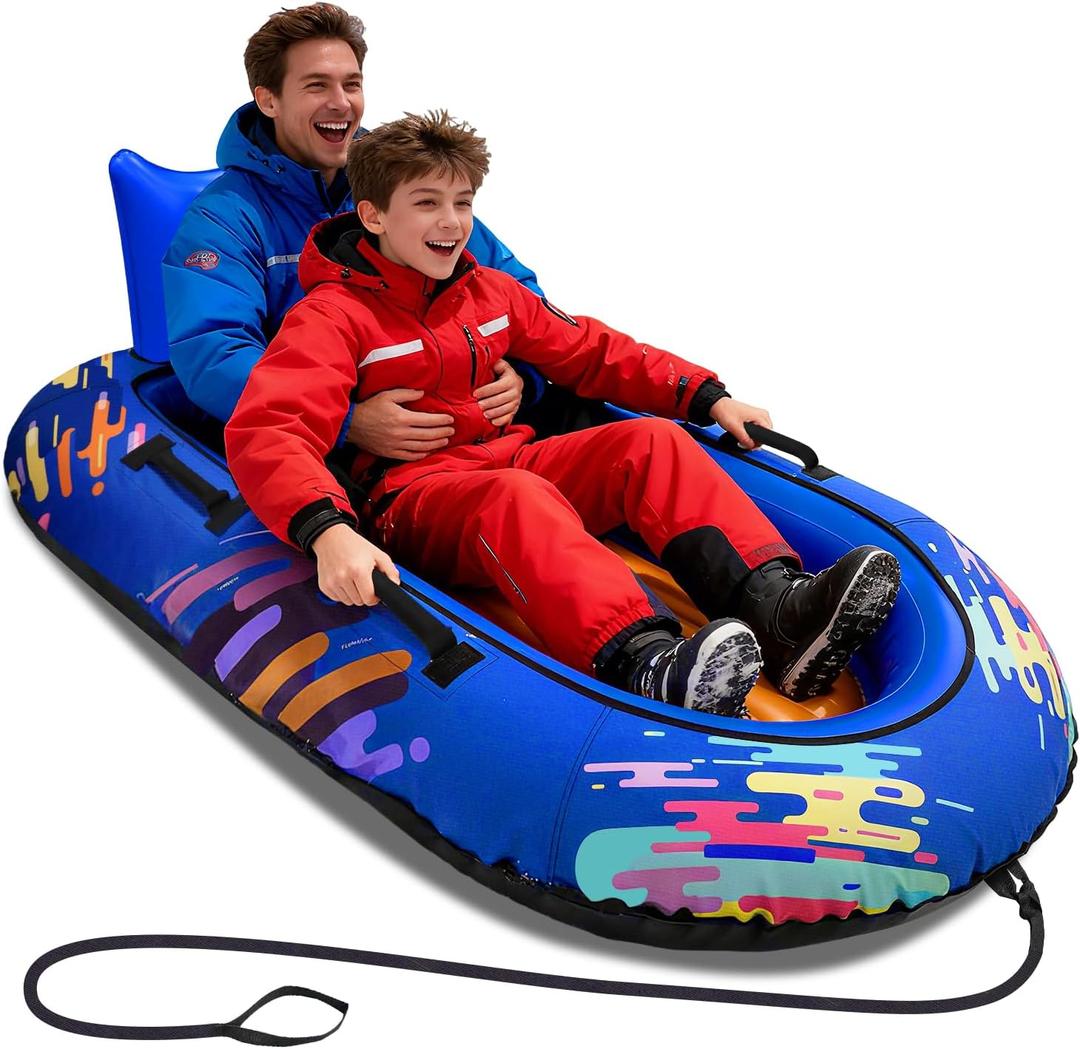 Snow Tube for Adults 2 Person, Heavy-Duty Inflatable Snow Sled with 600D Fabric Cover, Backrest, Tow Rope & Reinforced Handles, Hyperzoo Winter TobogganIdeal for Family & Friends, Blue