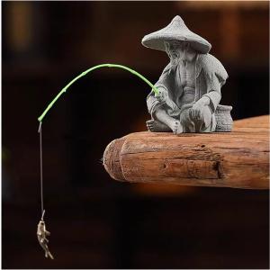livelyfish Mini Fisherman Statue Asian Zen Decoration Sitting Fishing Figurines Sandstone Vintage Ornament for Aquarium Fish Tank Pot Garden Home Japanese Decor (C2)