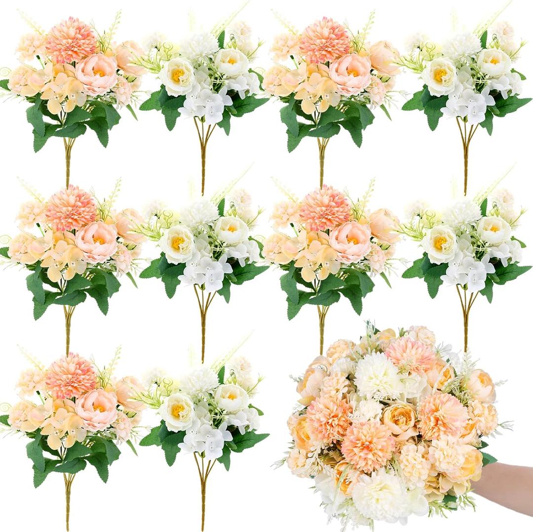 12 Bundles Peonies Artificial Flowers Silk Flowers Fake Peony Bouquet Faux Peonies Flowers Bulk for Wedding Decor Centerpiece Table Decorations (Orange White)