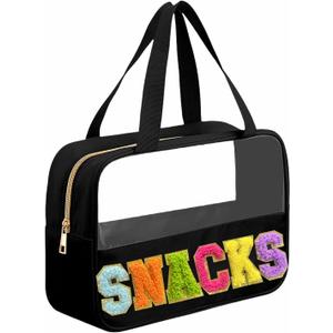 Kovewon Chenille Letter Snacks Bag Clear Snack Bag Pouch with Handle and Zipper Waterproof Nylon Portable Travel Tote Makeup Bag for Women